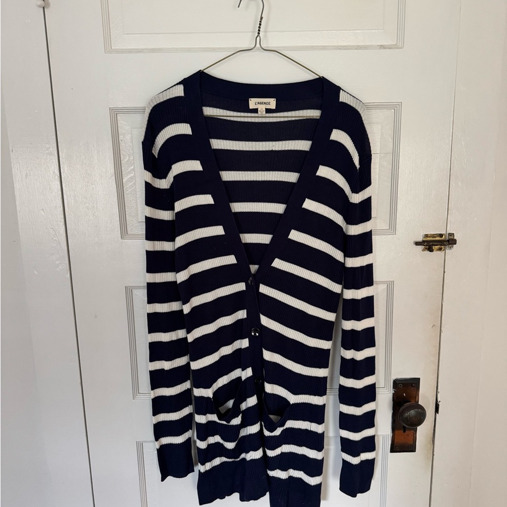L’AGENCE Navy and White Striped Women's Sweater